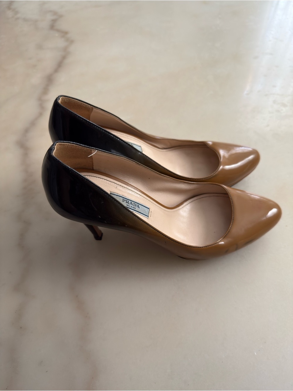 PRADA Milano Ombre Nude Tan Brown Gradient Patent Leather High Heels EU 38 - Picture 5 of 14